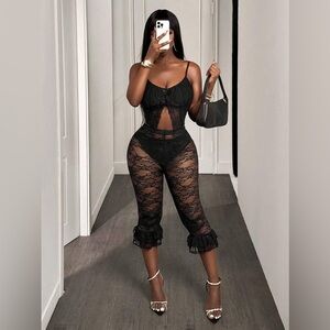 Ruffle Black Lace Cropped Pants